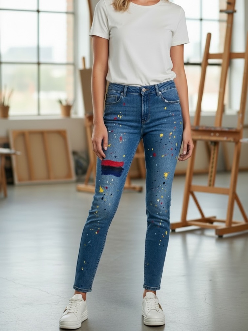 Alice + Olivia Joana Paint Splatter Skinny Jeans Distressed Medium Wash Denim 27